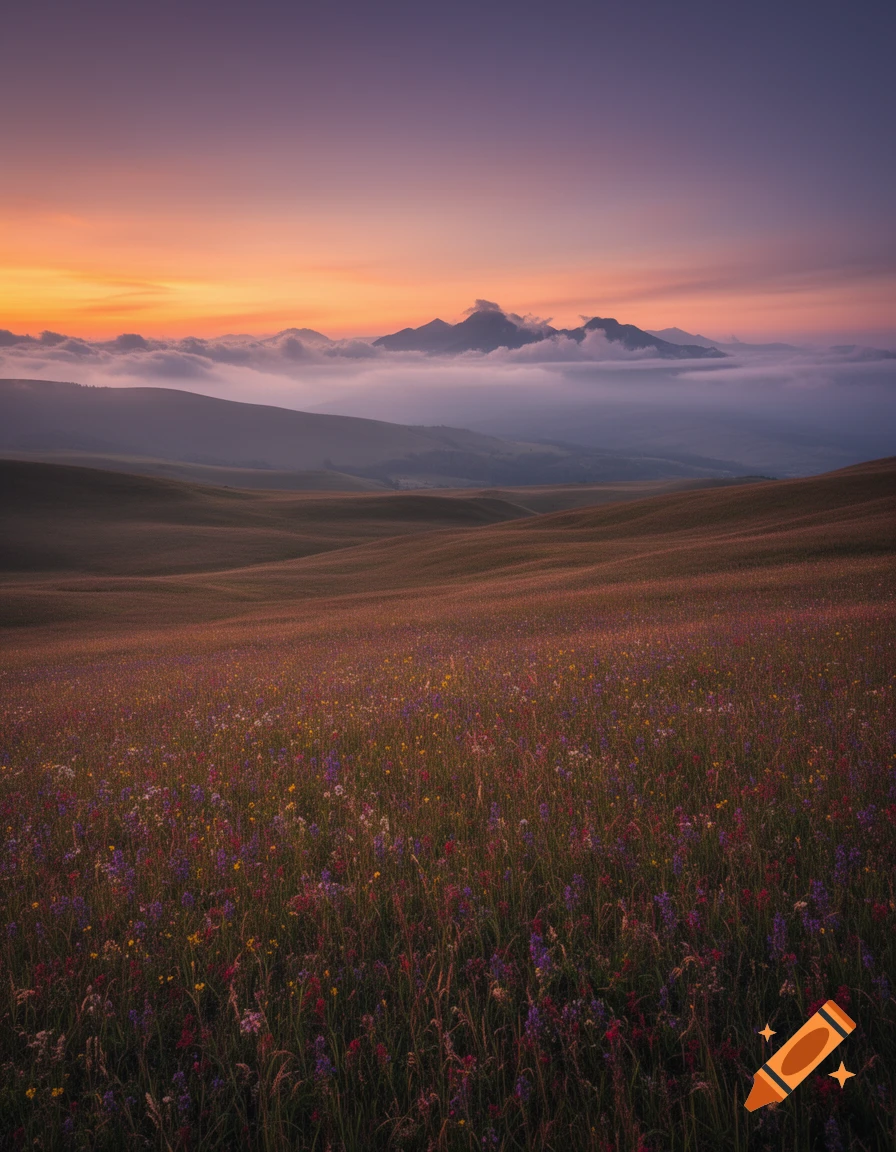 A vibrant sunset over rolling hills covered in colorful wildflowers, with distant mountains peaking through low clouds.