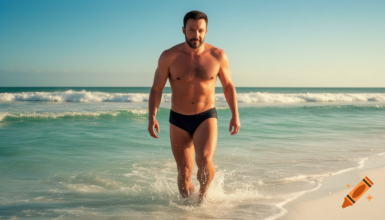 A man with a beard, wearing black swim briefs, walking out of the turquoise ocean onto a sandy beach under a clear sky.