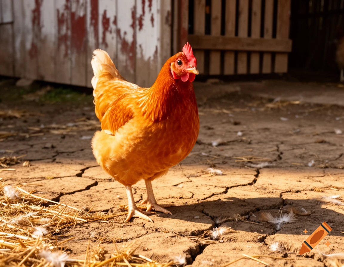 A reddish-brown hen stands on dry, cracked earth with scattered hay and feathers, in front of a weathered wooden barn under warm sunlight.
