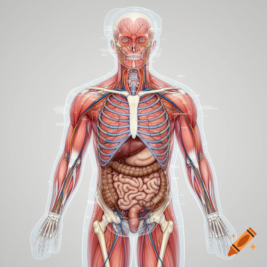 Detailed scientific illustration of human anatomy showing muscles, bones, and internal organs in a transparent body overlay.