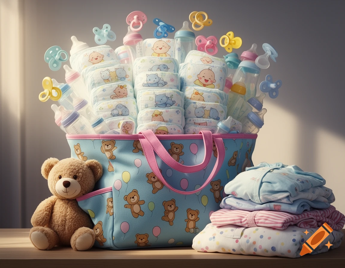 A large diaper bag overflowing with baby diapers, bottles, and colorful pacifiers, with a teddy bear and folded baby clothes next to it.