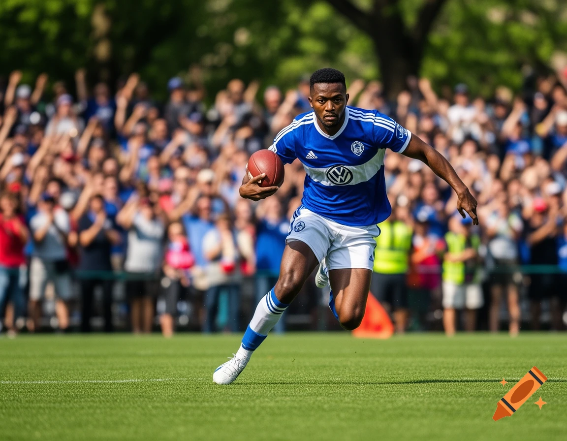 A male athlete in a blue and white uniform runs with an American football on a green field, with a blurred crowd in the background.