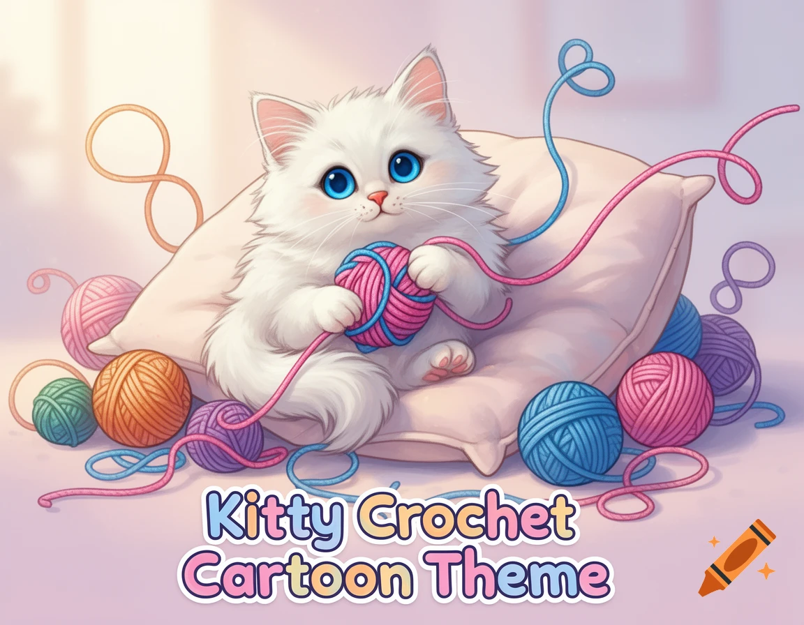 A cute white cartoon kitten with blue eyes holds pink yarn, surrounded by colorful yarn balls, with 'Kitty Crochet Cartoon Theme' at the bottom.