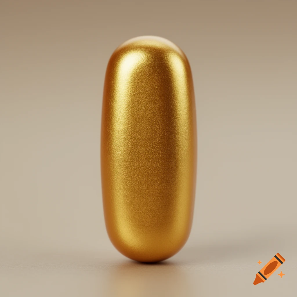 A single, golden metallic, capsule-shaped object resembling a Tic Tac stands vertically on a light beige background.