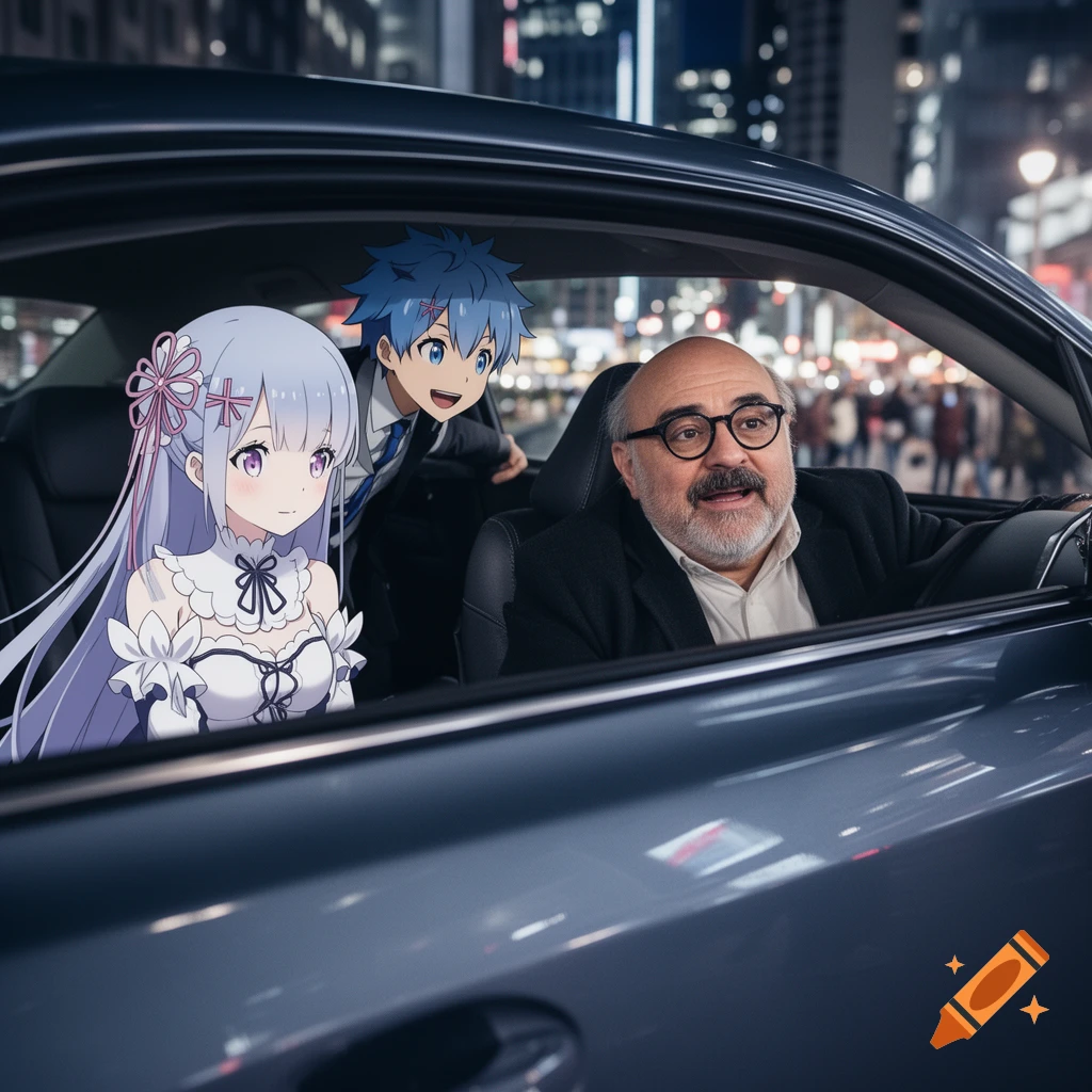 A photorealistic man with a mustache and glasses drives a car at night, while two anime characters, a girl with long lavender hair and a boy with blue hair, sit in the back.