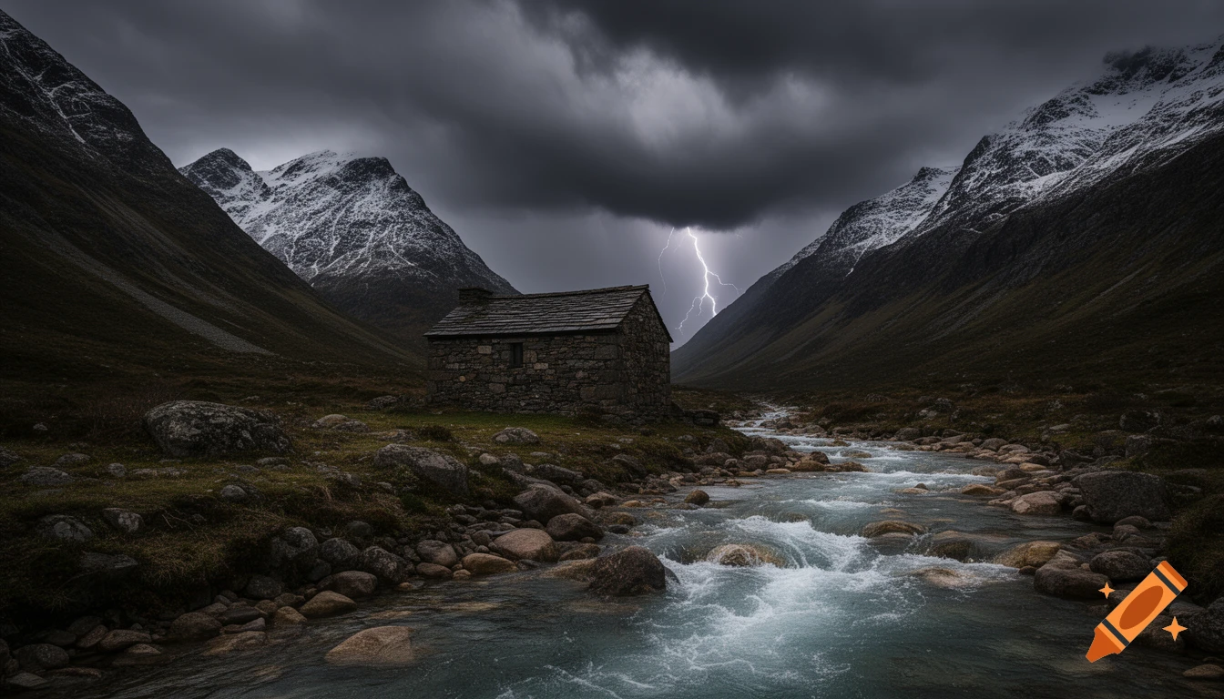 A photorealistic image of a stone house in a mountain valley with a rushing river. Stormy clouds gather above, and lightning strikes in the distance.