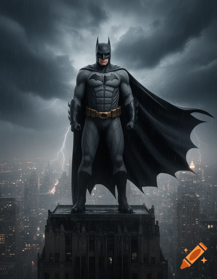 Batman stands atop a skyscraper in a dark, rainy cityscape with lightning in the stormy sky.
