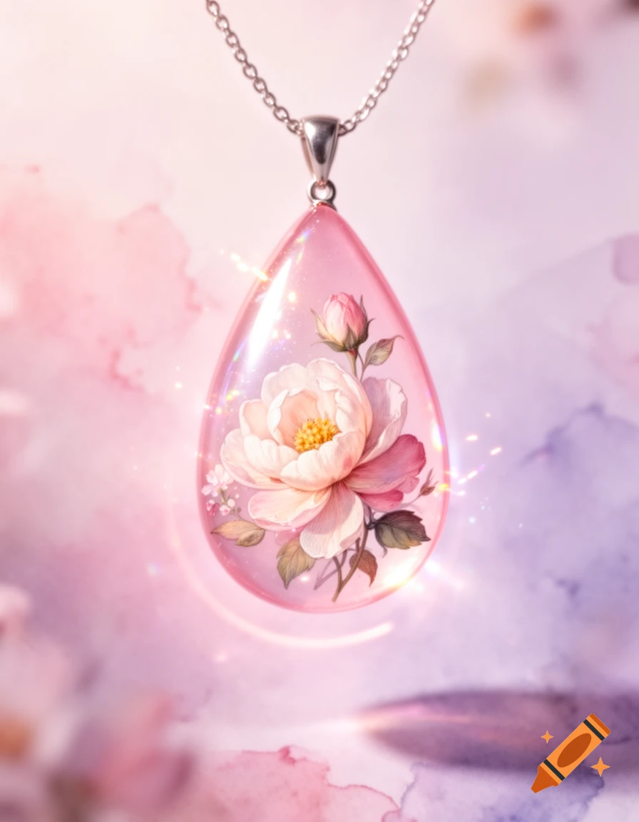 A delicate, teardrop-shaped pink pendant featuring a detailed watercolor painting of a white and pink peony, set against a soft pink and purple background.
