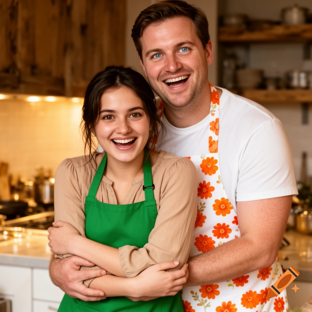 A smiling couple, a woman in a green apron and a man in an orange floral apron, embracing in a kitchen.