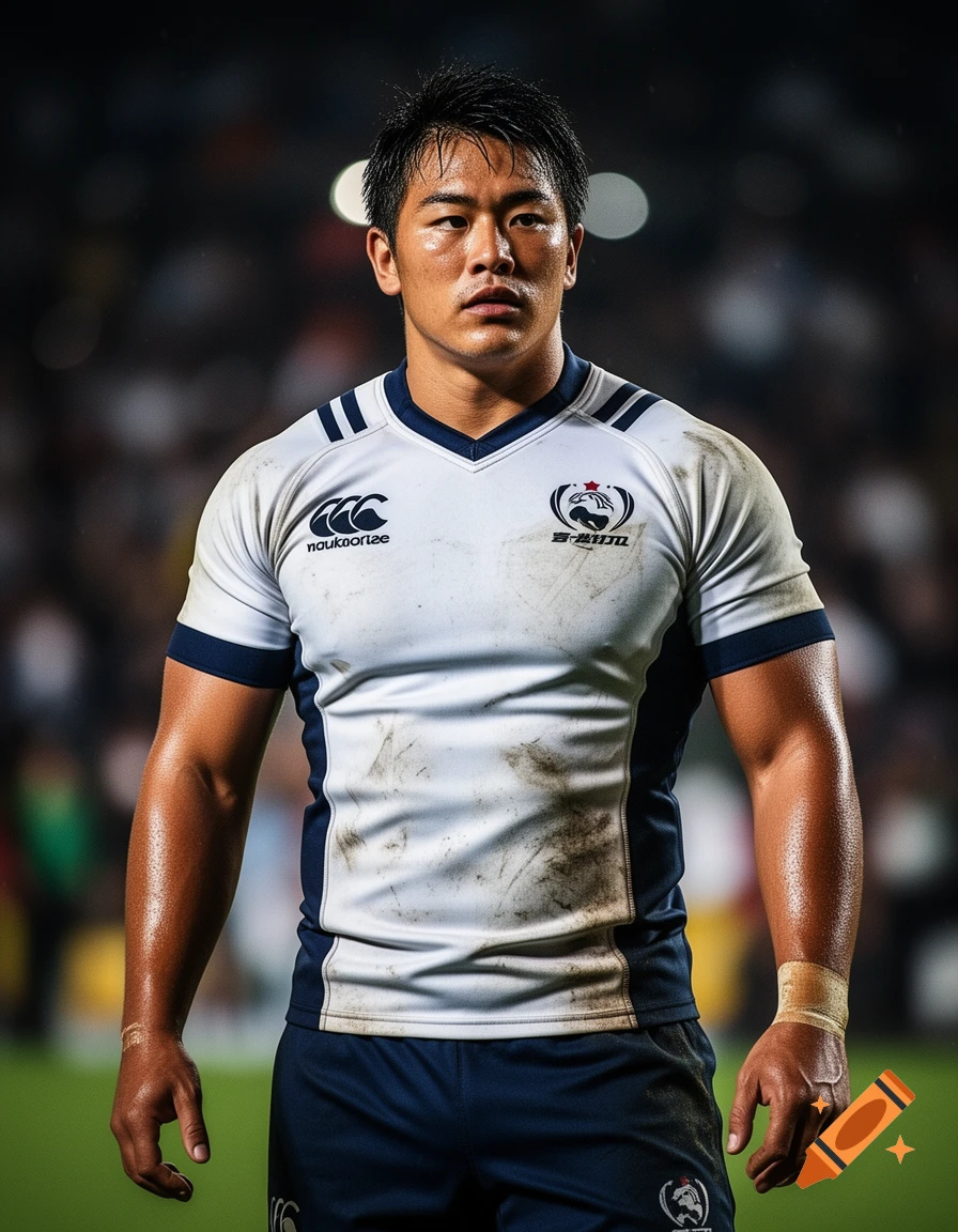 A strong, sweaty Asian rugby player in a white and blue jersey, looking intensely forward on a field at night.