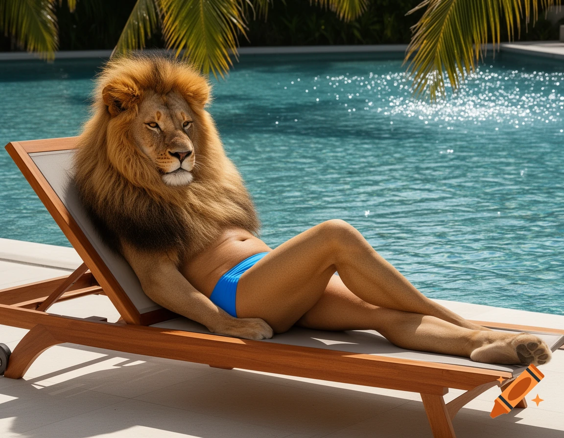 Photorealistic anthropomorphic lion in a blue speedo relaxing on a poolside lounge chair next to a swimming pool.