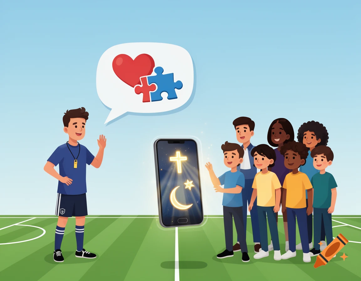 A minimalist cartoon of a football coach and diverse children on a pitch, looking at a smartphone with religious symbols. A speech bubble shows a heart and puzzle pieces.