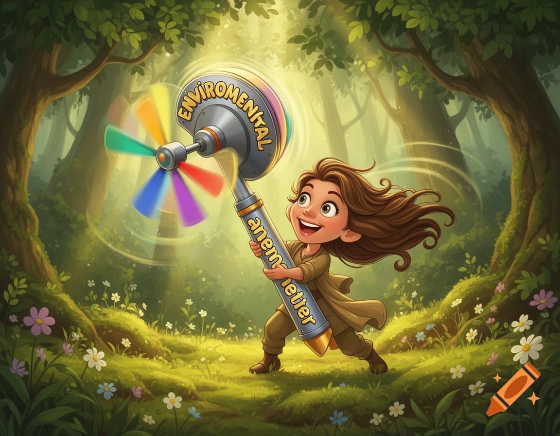 A happy cartoon girl holds a large anemometer with a rainbow fan in a sunlit forest. The anemometer has "ENVIRONMENTAL" and "anemometer" written on it.