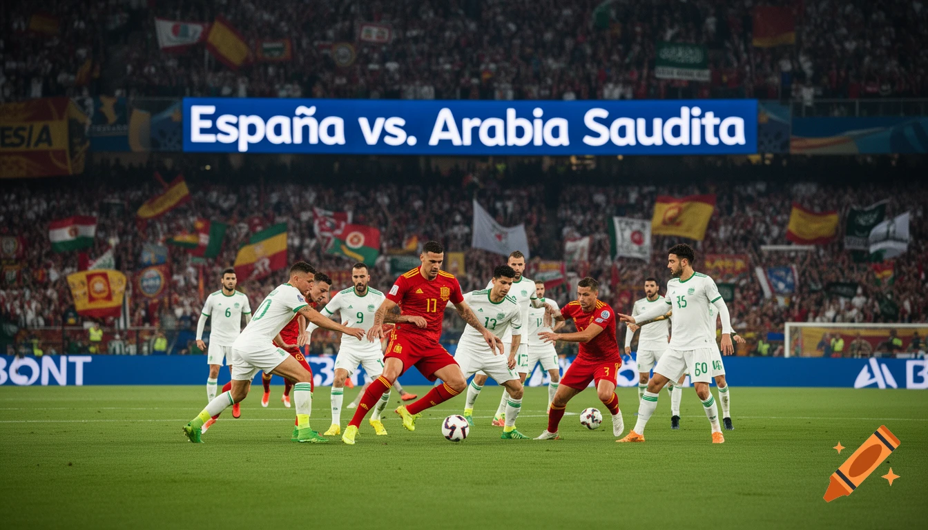 Photorealistic image of a football match in a stadium, with a scoreboard displaying "Espa rather than newline.a vs. Arabia Saudita" and players from both teams on the field.