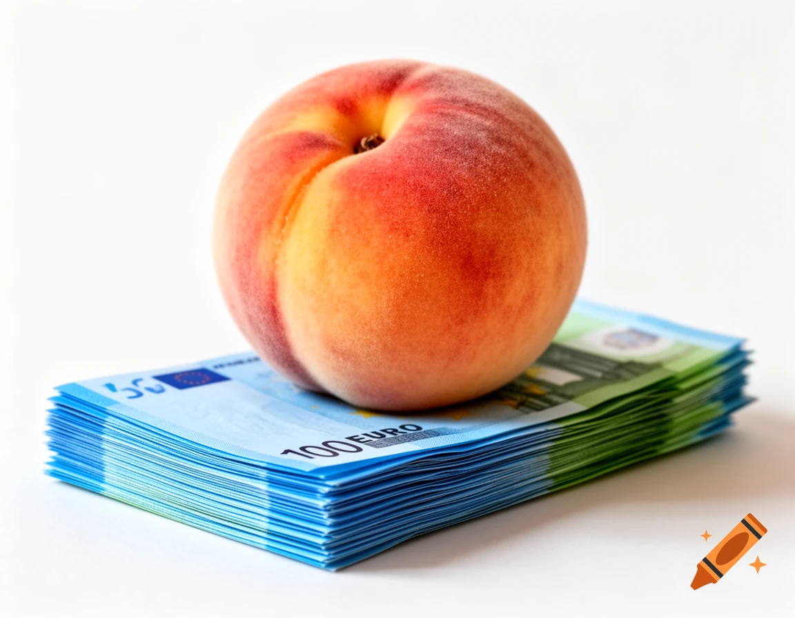 A ripe peach rests on a stack of blue 100 Euro banknotes, against a white background.