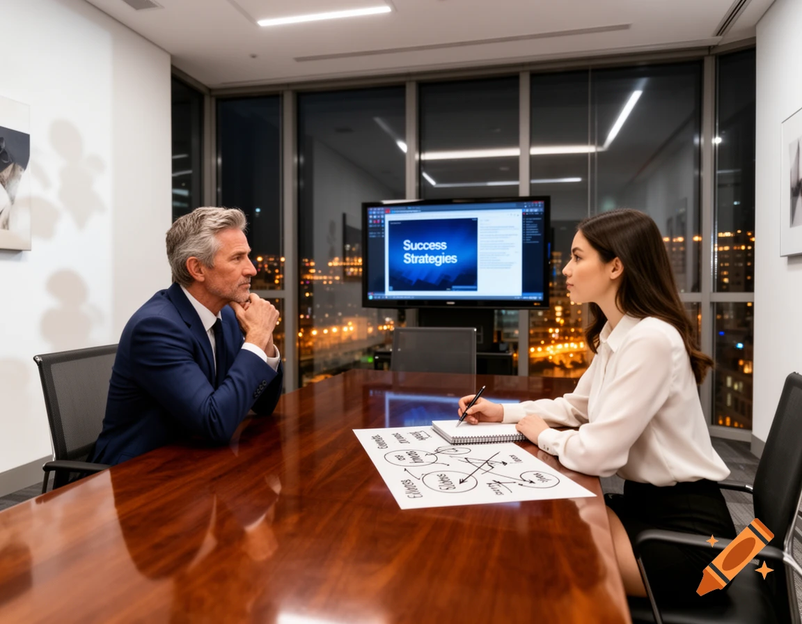 A man and woman in a modern office meeting room at night. A screen displays 'Success Strategies' while the woman writes on a paper.