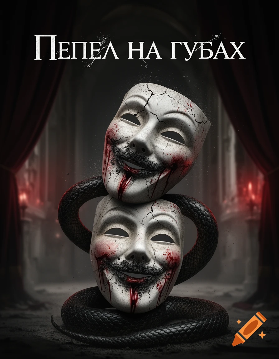 Two cracked, bloody theater masks with a coiled black snake, set against a dark gothic hall, with text "ПЕПЕЛ НА ГУБАХ".