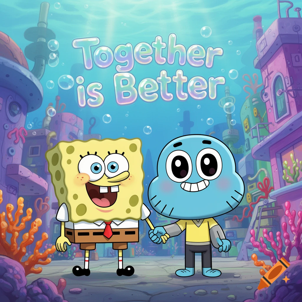 Spongebob and Gumball hold hands underwater in a vibrant cartoon city, with the text 'Together is Better' floating above.