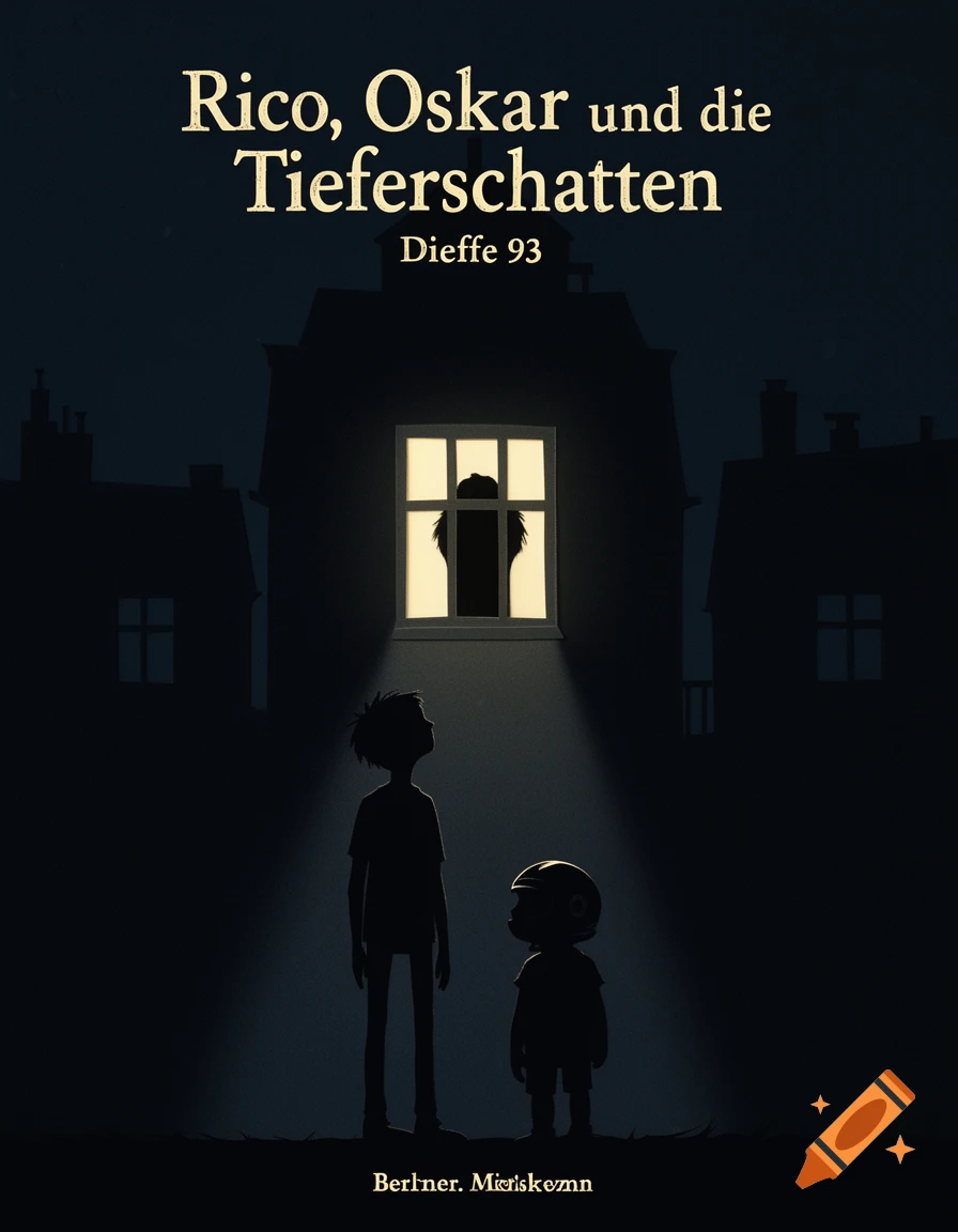 A dark, stylized illustration of a book cover. Two silhouetted children look up at a brightly lit window in a dark building, where a shadowy figure is visible. Text reads "Rico, Oskar und die Tieferschatten" and "Dieffe 93".