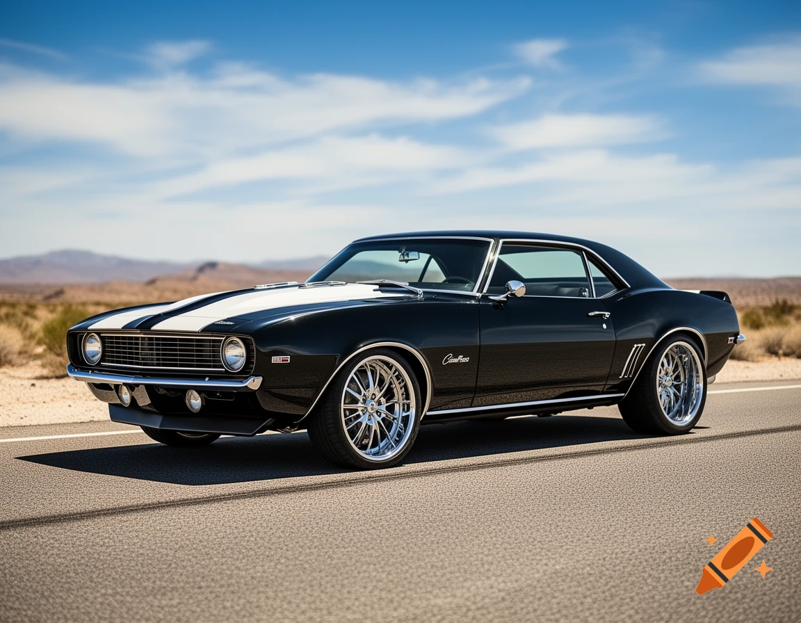 A black 1969 Chevrolet Camaro with white racing stripes drives on a paved road through a desert landscape under a clear blue sky.