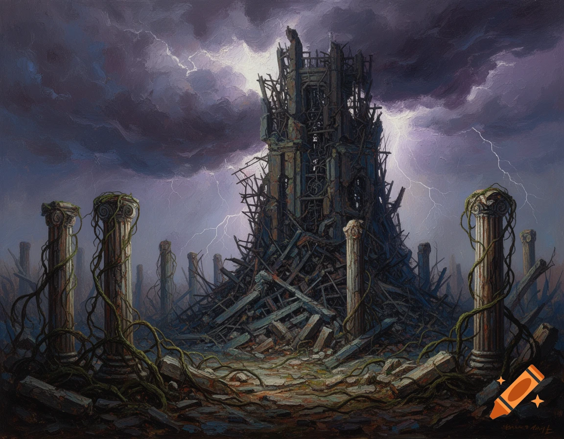 Oil painting of a towering, ruined structure amidst classical columns, under a stormy sky with lightning.