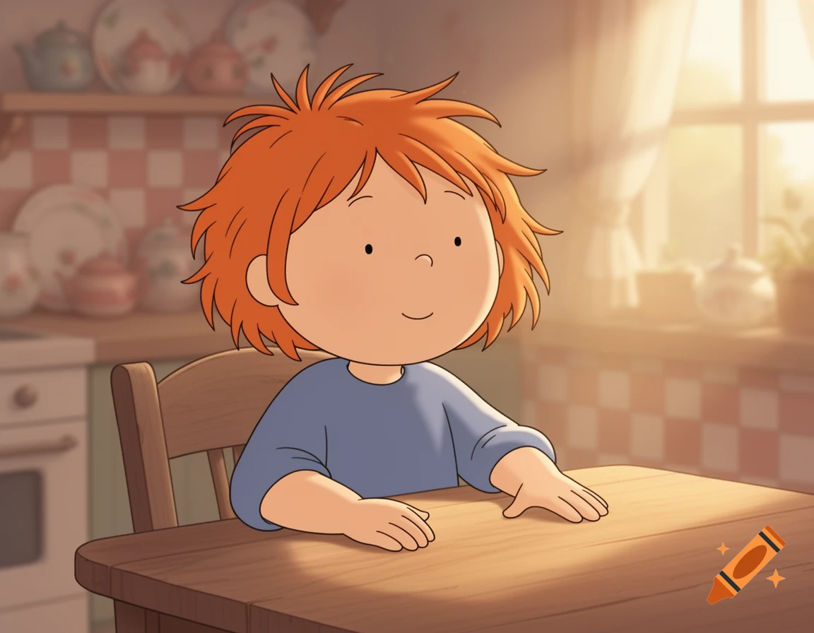 A cartoon child with shaggy red hair sits at a wooden table in a sunlit kitchen.