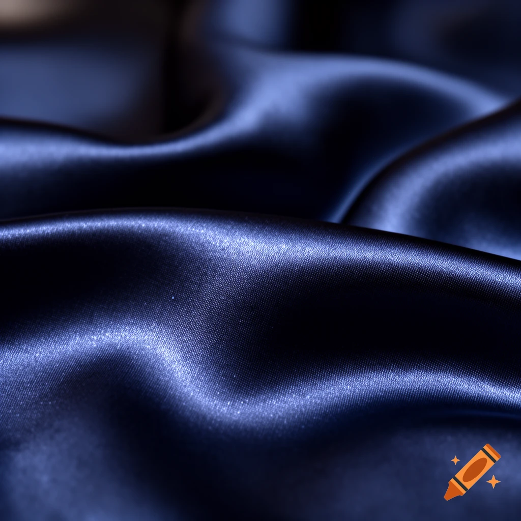 Close-up of dark blue satin fabric draped in soft, shiny folds with highlights.