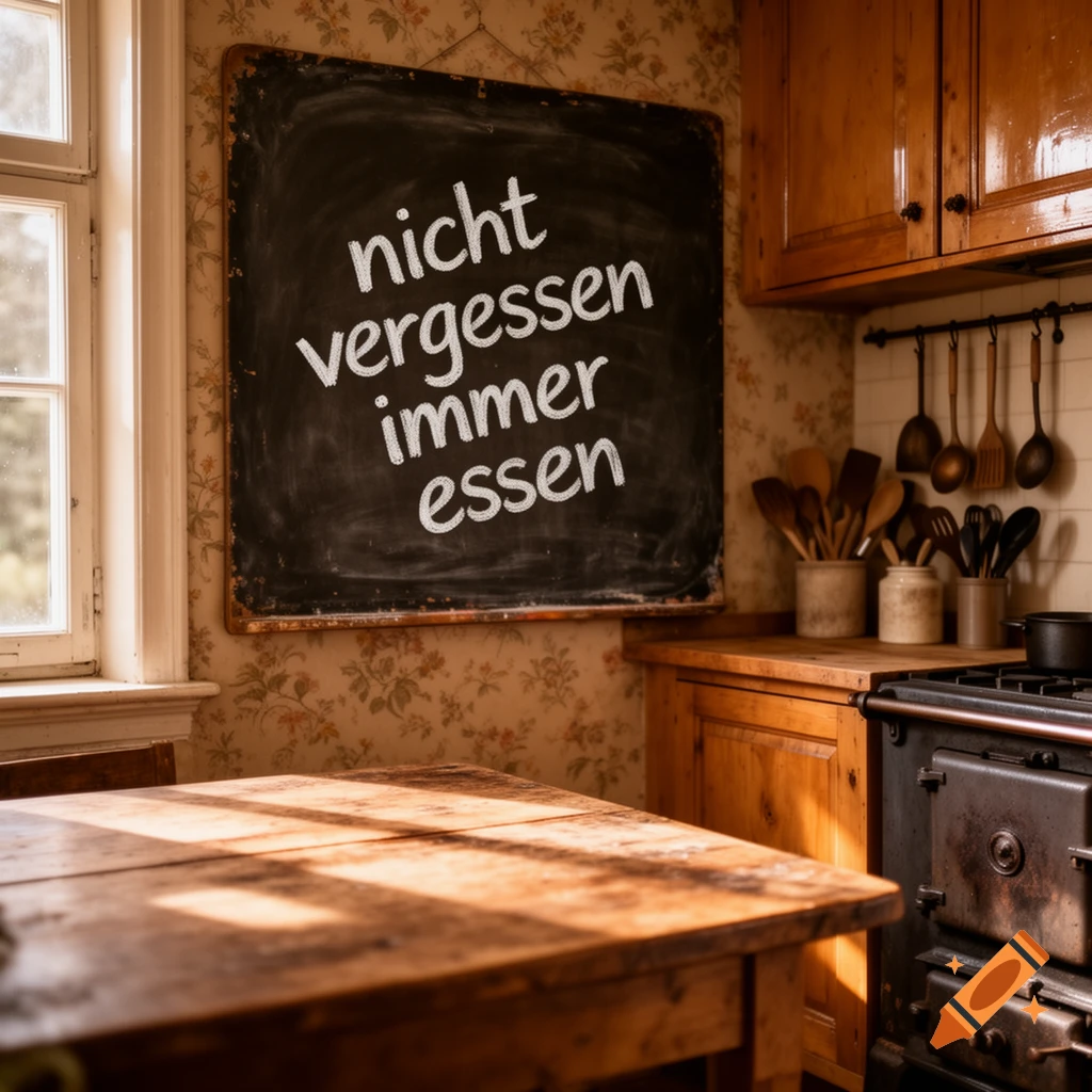 Rustic kitchen with a wooden table, sunlight from a window, and a blackboard sign reading 'nicht vergessen immer essen'.
