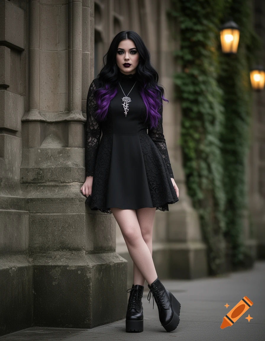 A photorealistic portrait of a gothic girl with purple-streaked hair, wearing a black dress and platform boots, leaning against a stone building with ivy.
