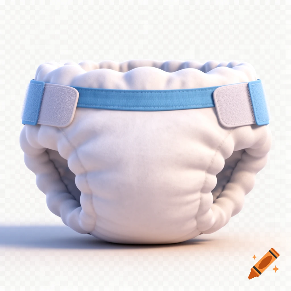 A 3D cartoon white baby diaper with blue velcro tabs on a transparent background, rendered in a Pixar CGI style.