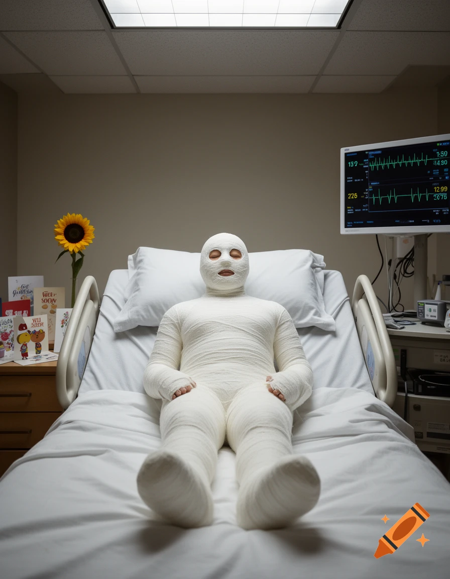 A person in a full body cast lies in a hospital bed with a sunflower and get well cards. Photorealistic.