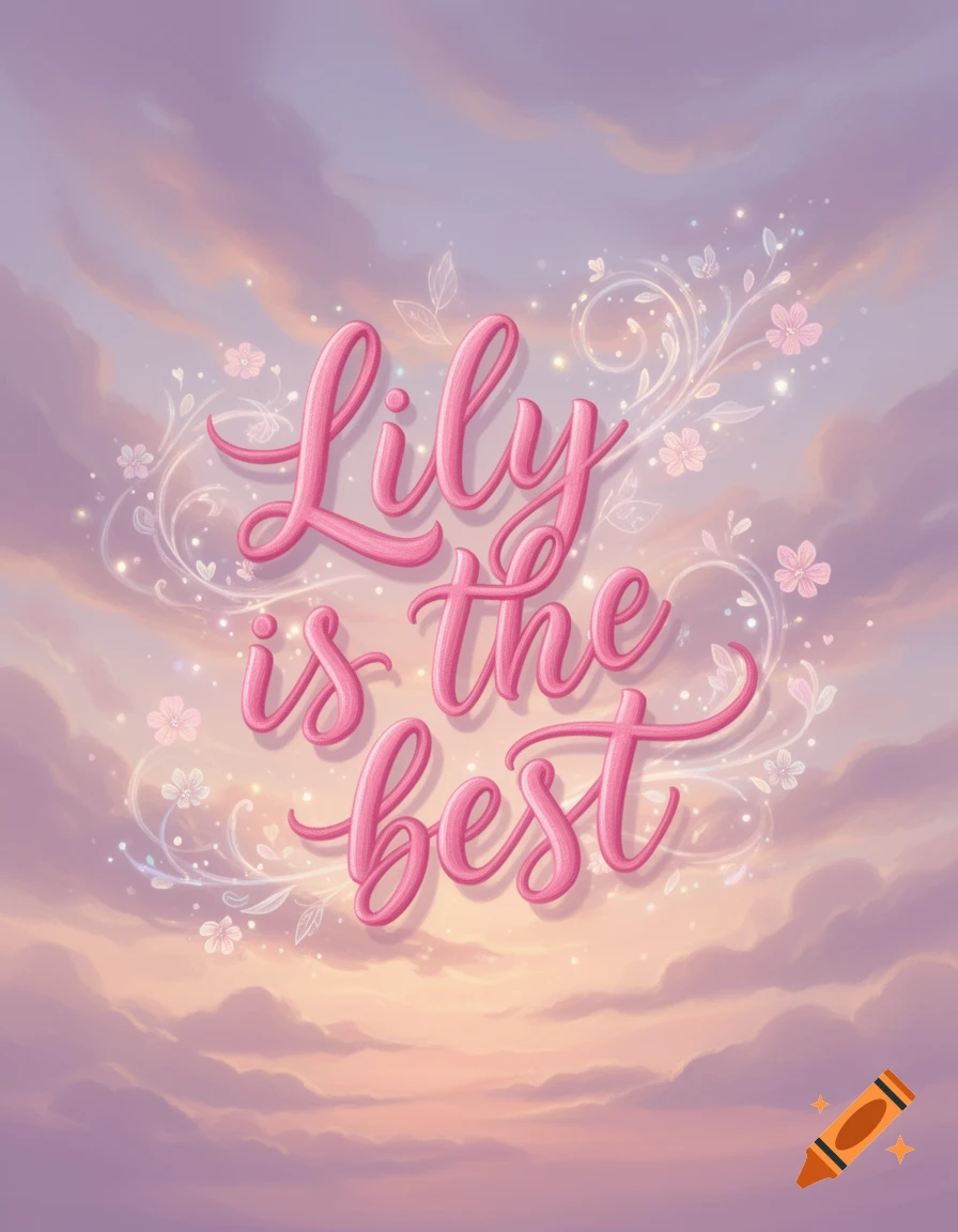 Pink cursive text 'Lily is the best' with glowing floral swirls on a pastel cloud sky, digital art.