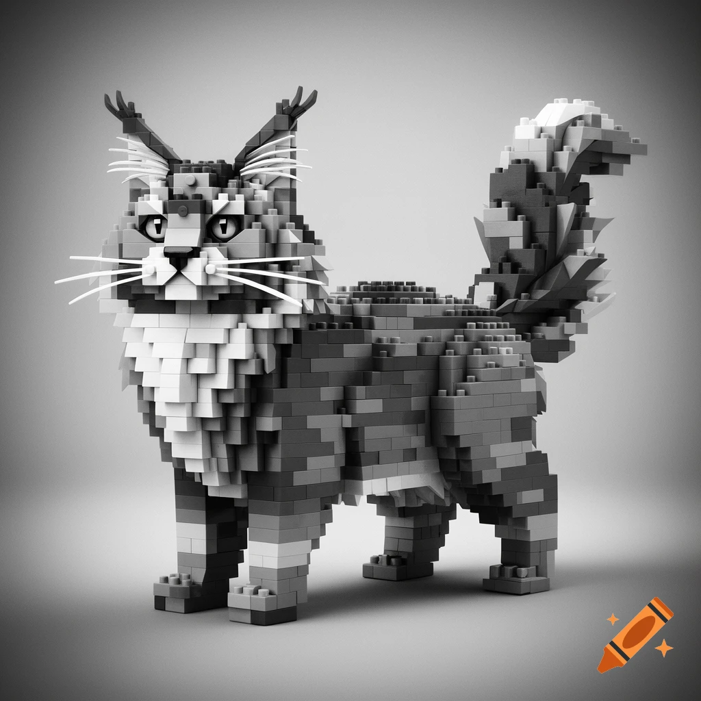 A black and white Maine Coon cat sculpture made of LEGO bricks.