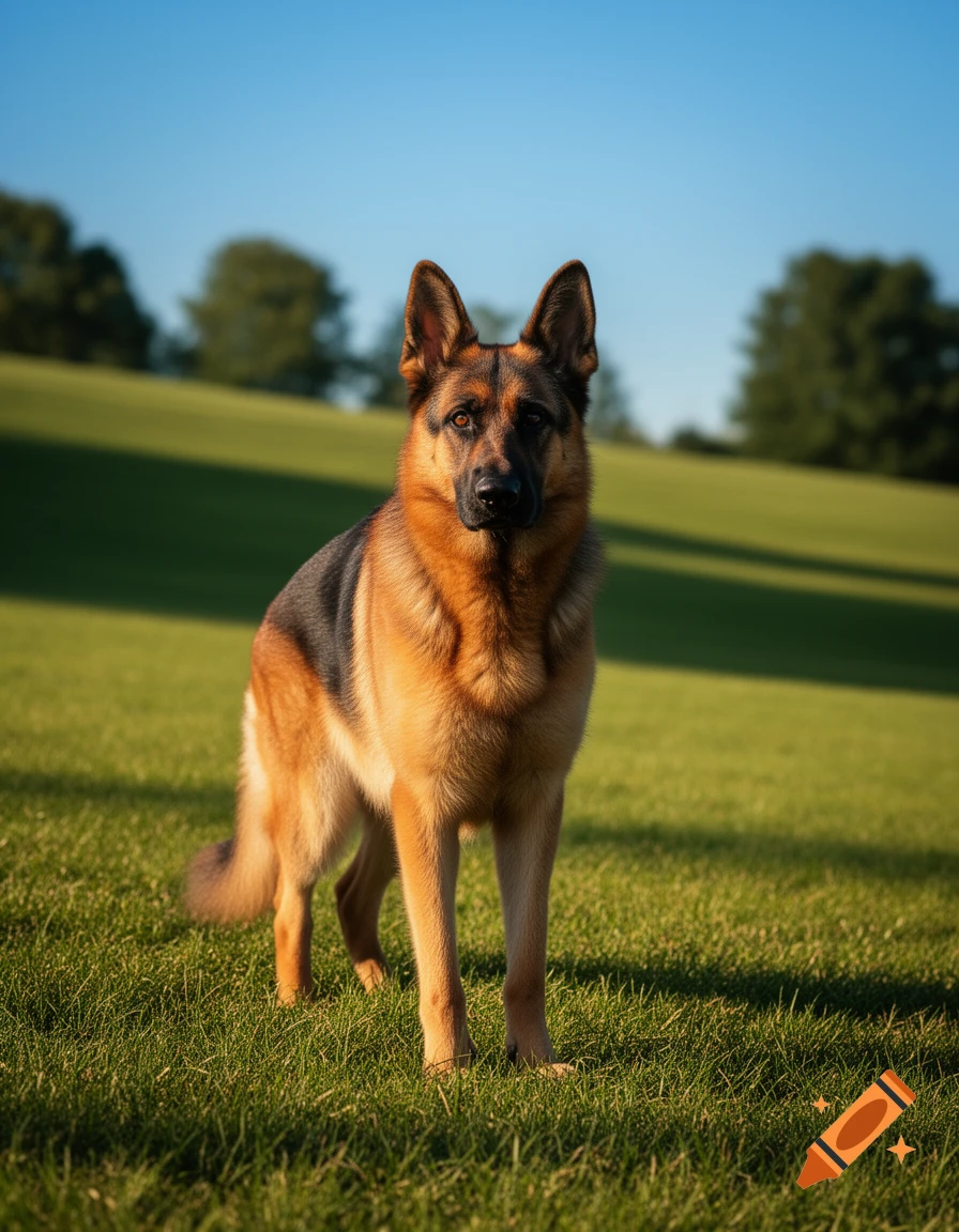 A majestic German Shepherd dog stands attentively in a sunlit green field under a clear blue sky, with trees in the background.