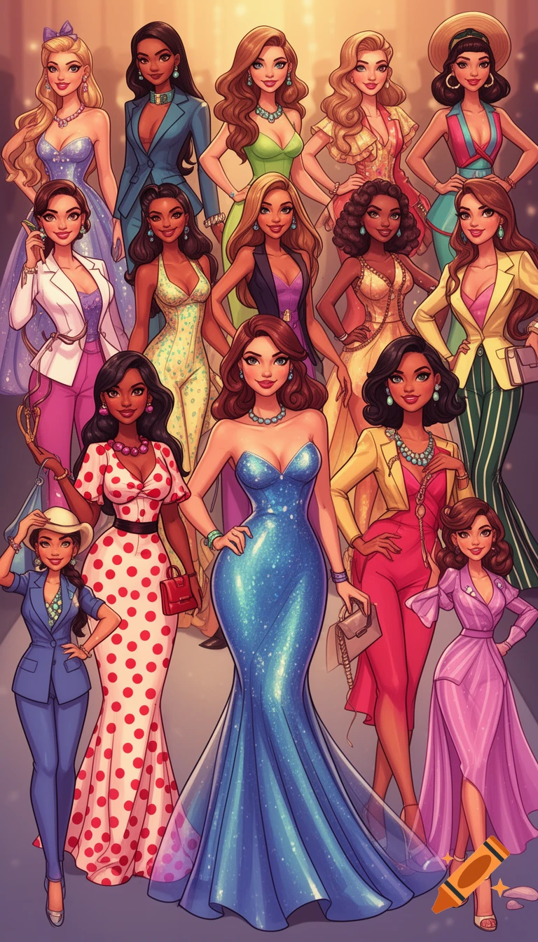 A group of diverse women in a colorful cartoon style, posing in various glamorous and fashionable outfits.
