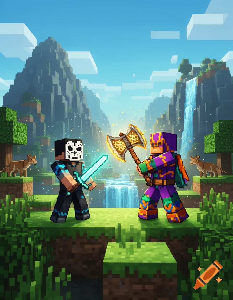Two pixelated Minecraft characters, one in a skull mask with a glowing sword and another in colorful armor with a glowing axe, fight in a blocky fantasy landscape.