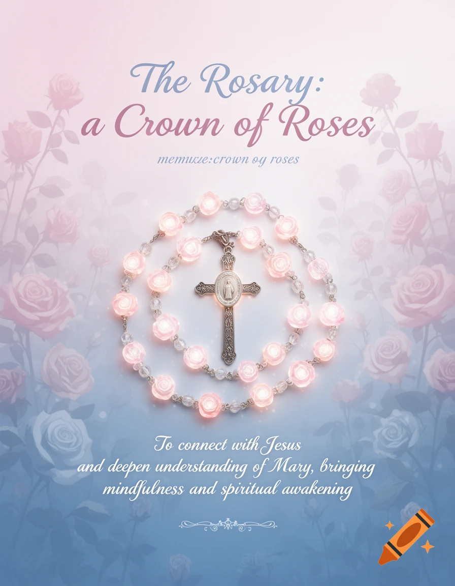 A soft pink, blue, and white poster featuring a glowing rosary with a crucifix, surrounded by blurred pink roses. Text titles the image 'The Rosary: a Crown of Roses'.