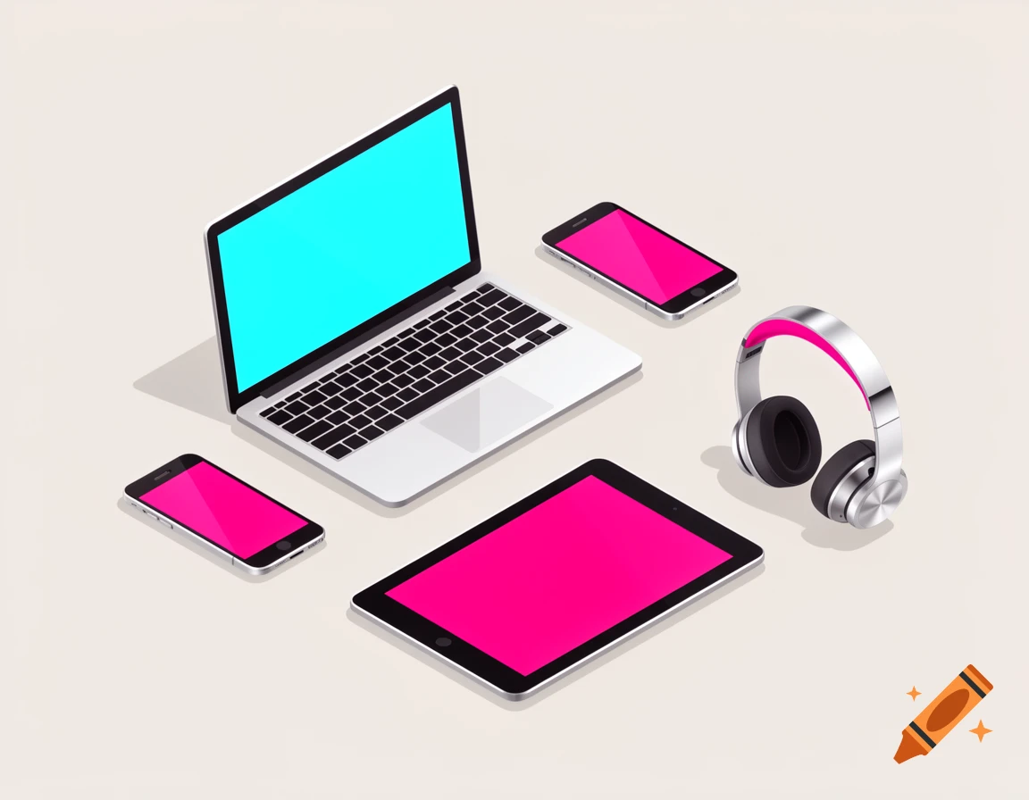 Isometric illustration of various electronic gadgets including a laptop, two smartphones, a tablet, and headphones on a light background.