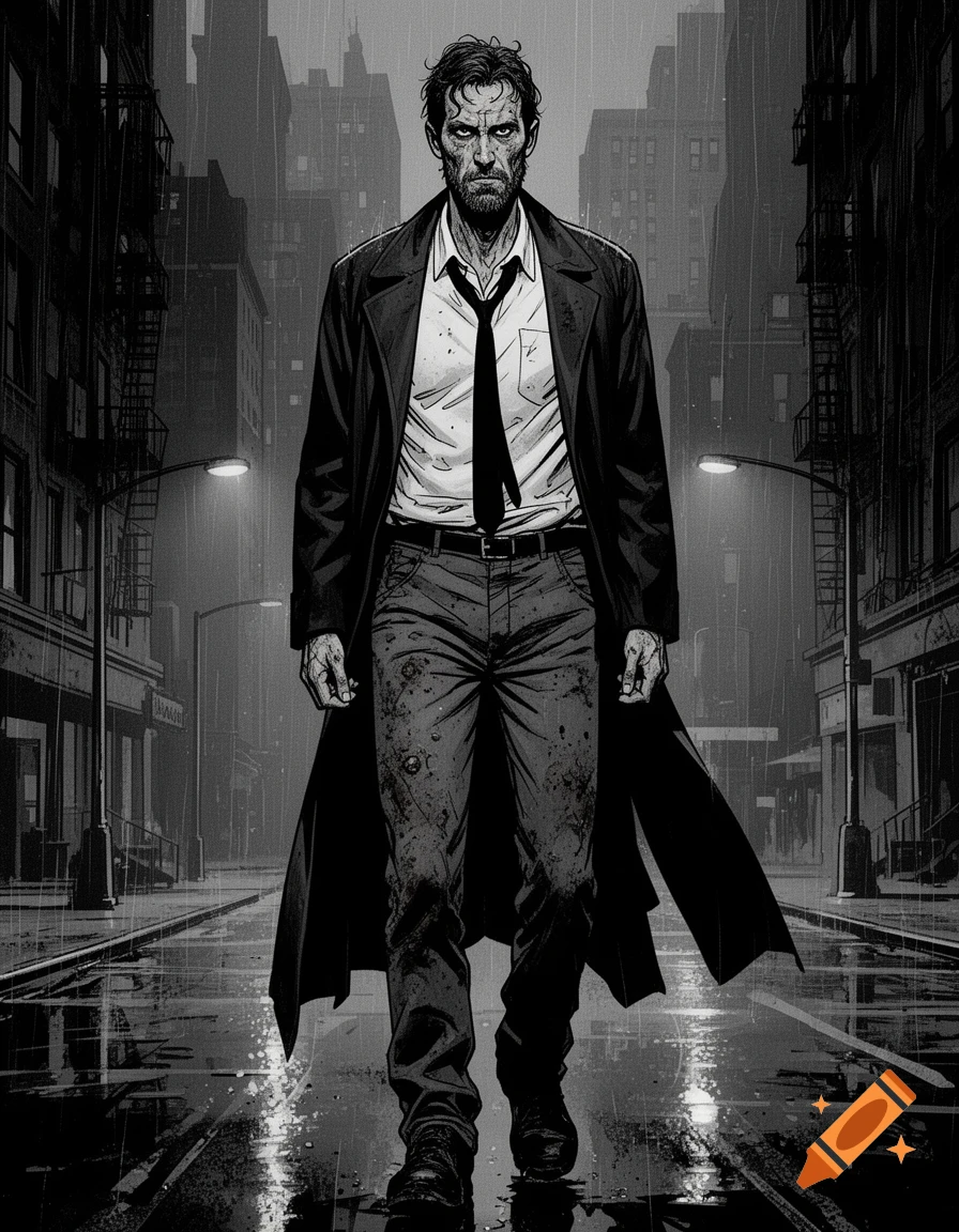 A grim-noir comic art depiction of a tired detective in a long coat walking on a rainy city street at night.