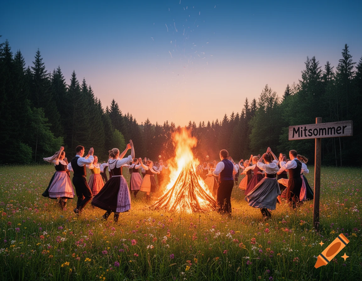 A group of people in traditional attire dance around a large bonfire in a flower-filled field at sunset, with a "Mitsommer" sign.