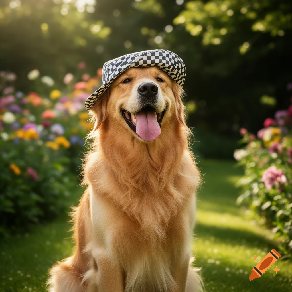 A happy golden retriever wearing a black and white checkered hat, sitting in a sunny garden with colorful flowers.