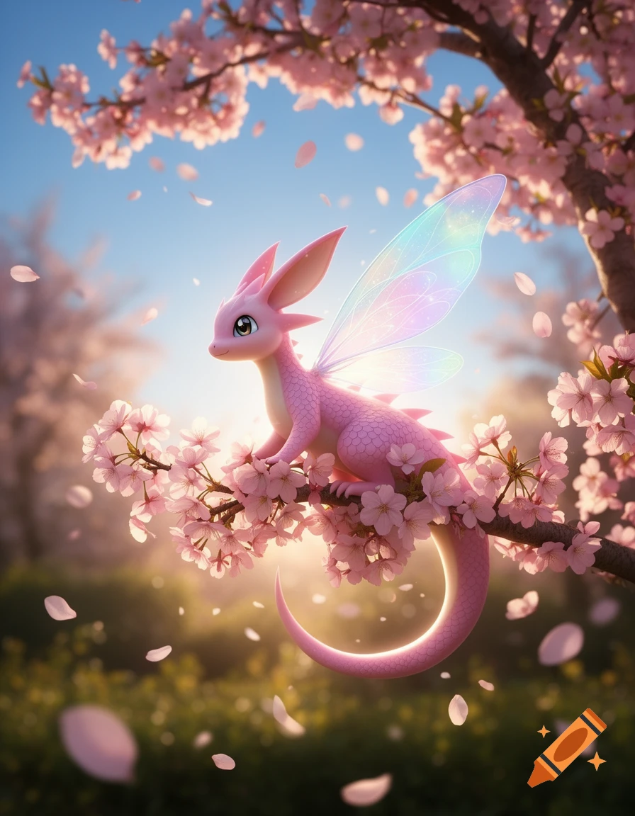 A cute pink fairy dragon with iridescent wings perches on a cherry blossom branch with falling petals.
