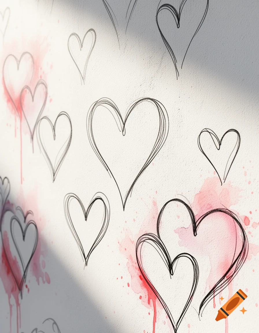 A collection of black outlined heart sketches with red watercolor splashes on a light background, with a shadow diagonally across.