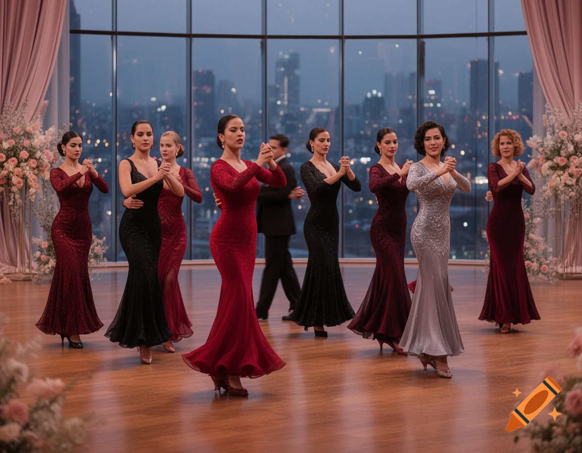Seven women in elegant full-length gowns, some red, some black, one silver, pose for a dance in a grand ballroom with a cityscape visible through large windows in the background.