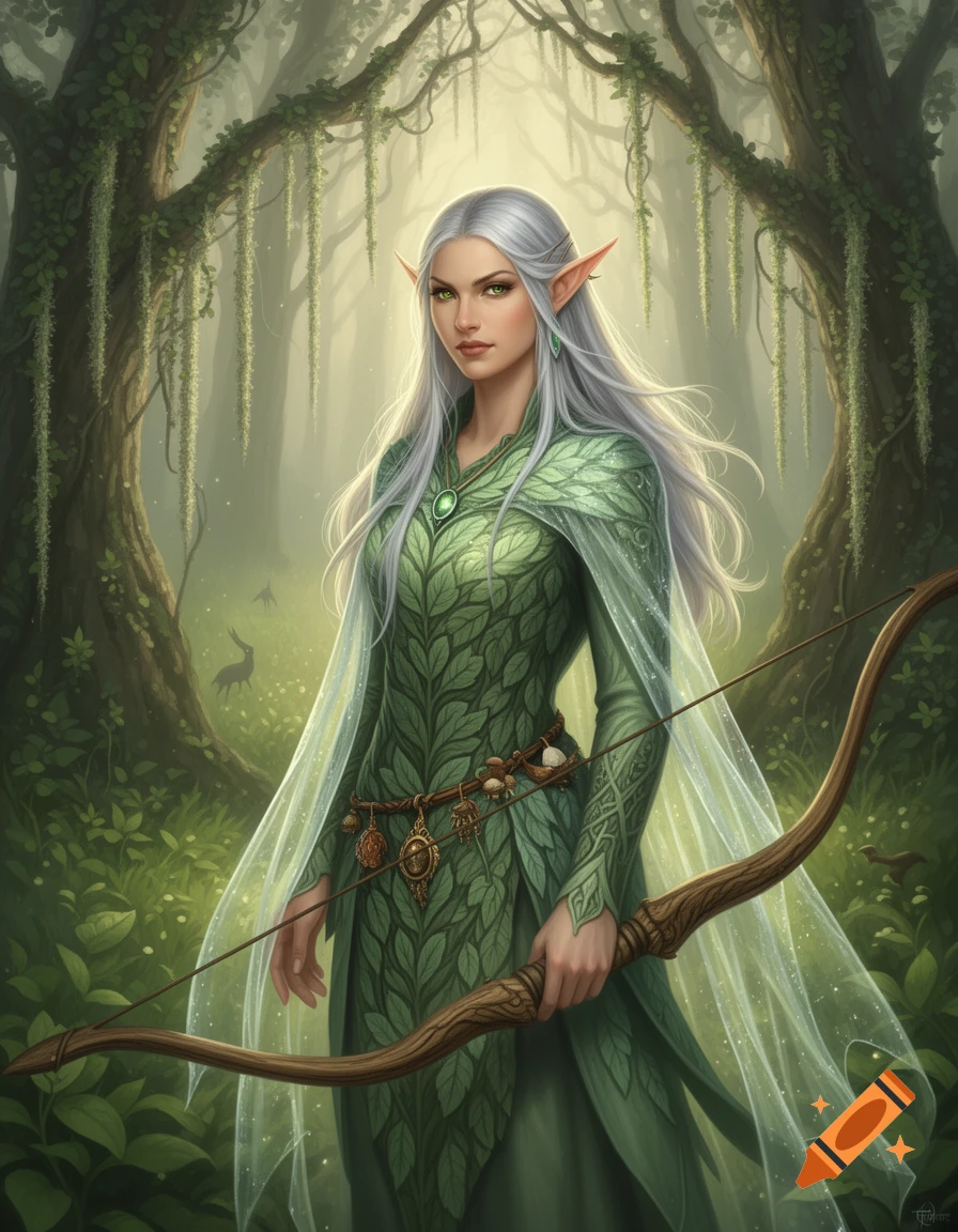 A female elf with long silver hair and a green leafy dress stands in a misty forest, holding a wooden bow.