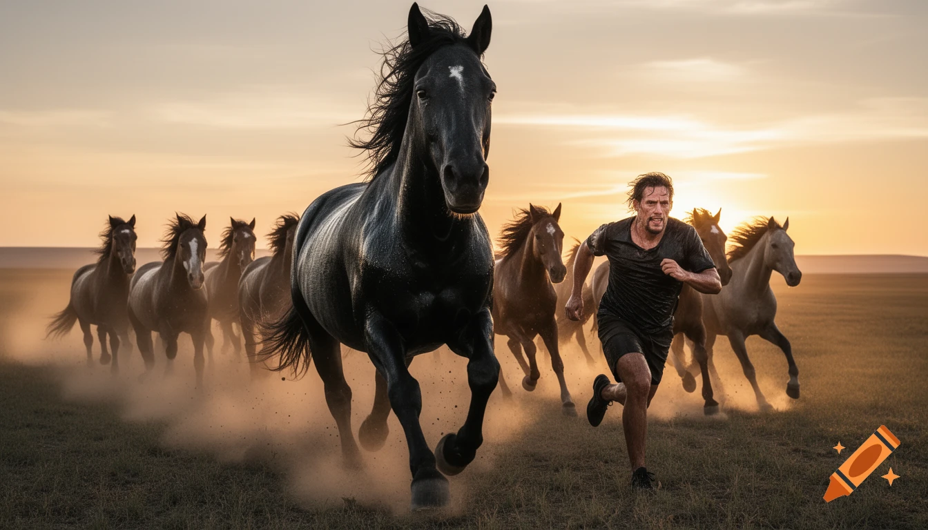 A man runs alongside a herd of wild horses charging through a dusty, open plain at sunset, photorealistic.