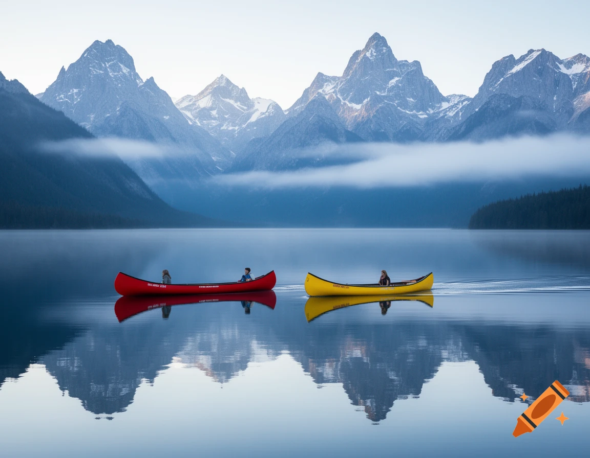 Two people paddle a red and a yellow canoe across a calm lake, with majestic, misty mountains in the background, reflected on the water.