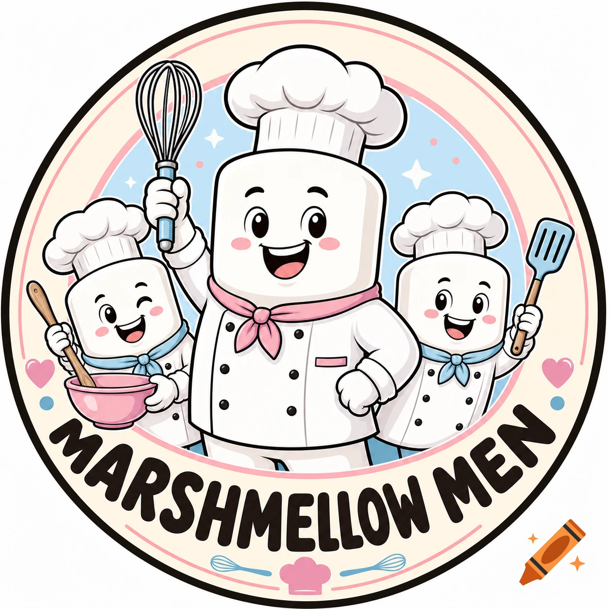 Circular logo featuring three cute marshmallow chefs in white uniforms. The main chef holds a whisk, another has a bowl and spoon, and a third holds a spatula. "MARSHMELLOW MEN" text curves around the border in a bold, rounded font.