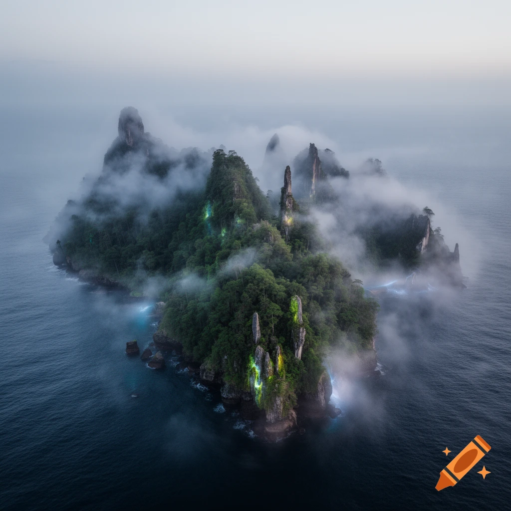 Aerial view of a mystical, fog-shrouded island with towering rock formations, dense green foliage, and glowing blue and yellow lights at its base in dark ocean.