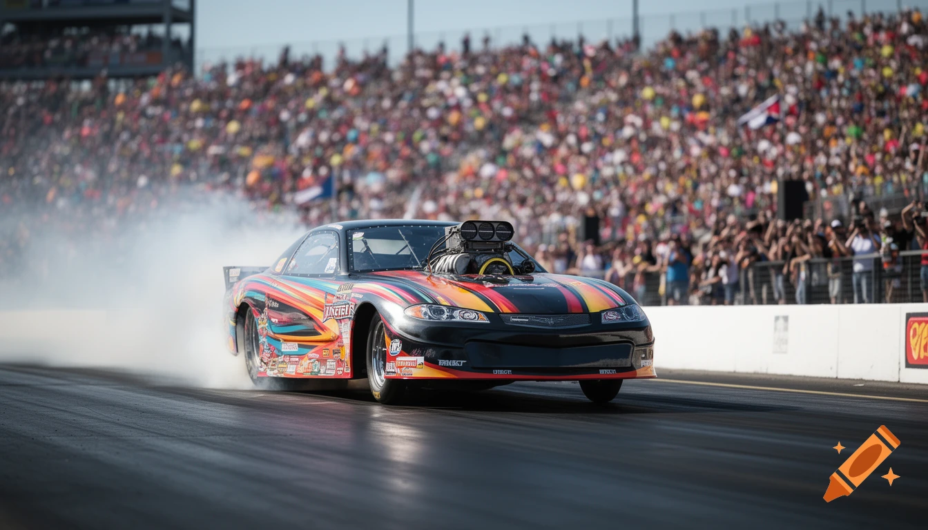 A colorful drag racing car with a large engine blower launches from the line, tires smoking, with a blurred crowd in the background.